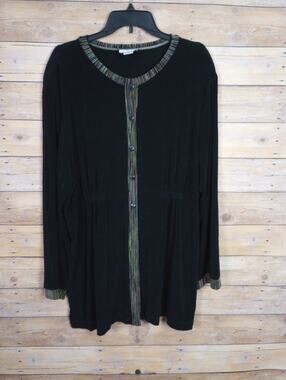 Women Shirt 2X Black Green Pink Trim Long Sleeve The Travel Collection